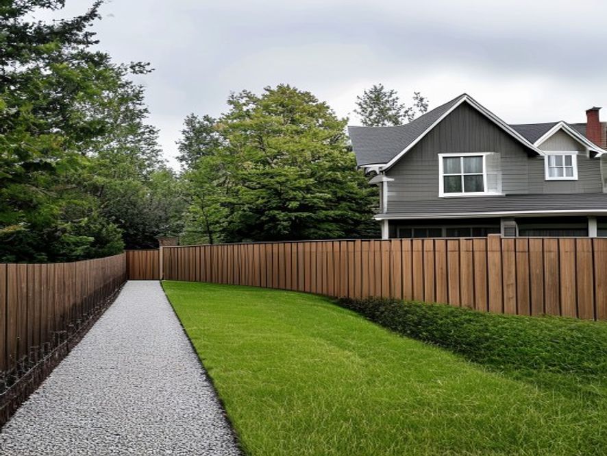 The same fence line rebuilt in new board-on-board cedar