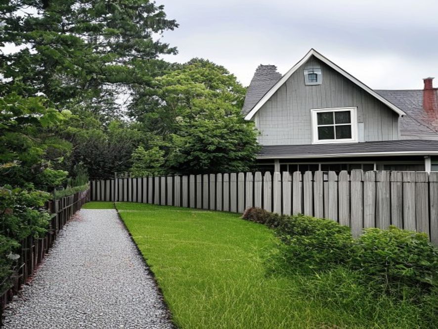 Weathered grey cedar fence leaning out of line before replacement