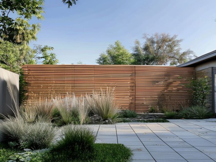 Modern horizontal slat front-yard fence