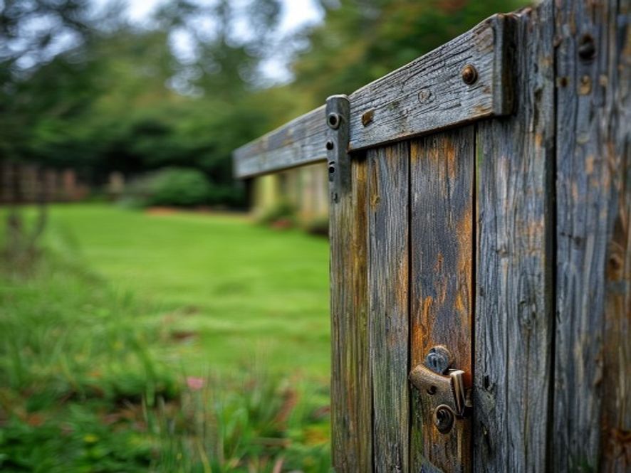 Sagging wooden gate with worn hinges and latch hardware