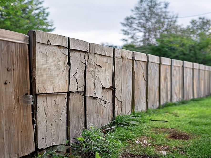 Wood fence with cracked and warped boards needing replacement