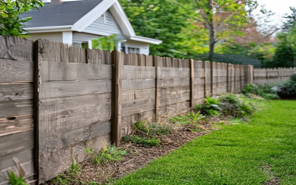 Repaired wood fence with a new section fitted into the existing run