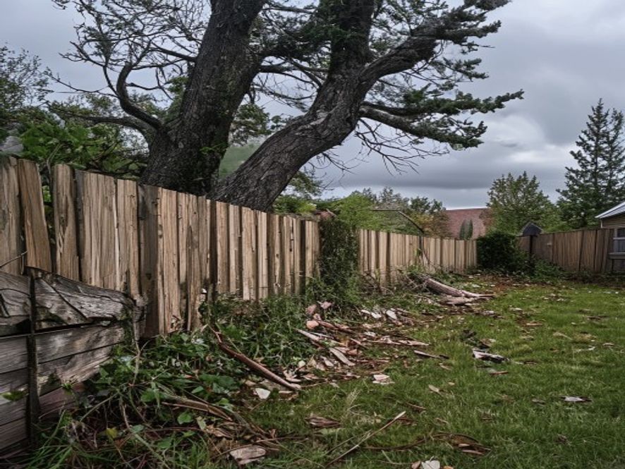 Fence section crushed by a fallen tree branch after a storm