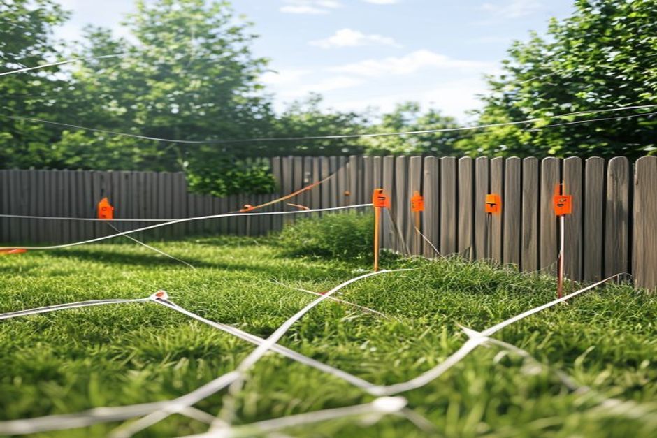 A backyard fence line marked out with string and flags before installation
